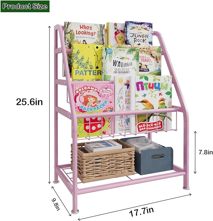 aboxoo Kids Bookshelf Small Toddler Freestanding for Children Room 18 inches Metal Bookcase Toy Organizer Pink Stable Bookcase Bookstore Library Book Unit Storage for Small Place - LeafyLoom