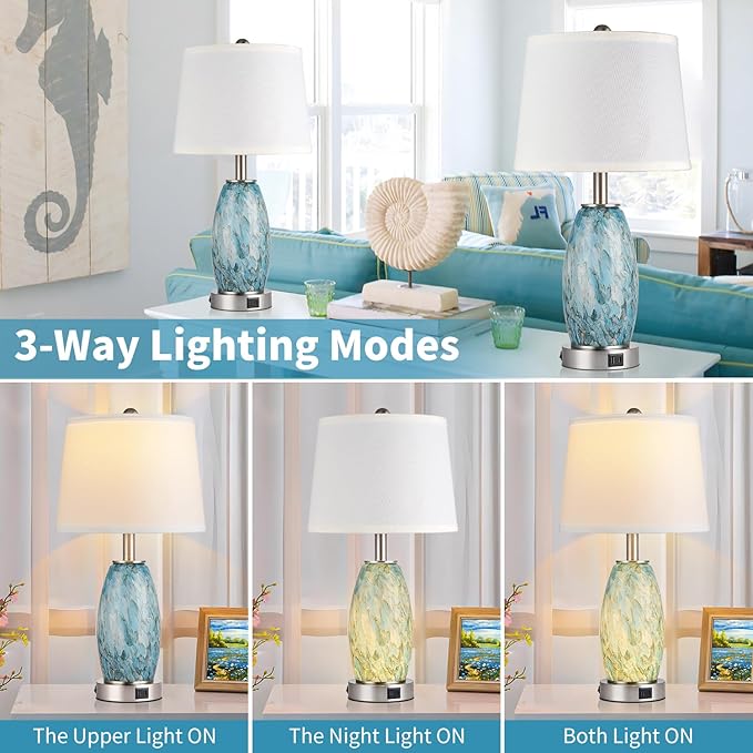 Table Lamps Set of 2, 3-Way Lighting Modes Modern Table Lamps for Bedroom, Coastal Bedside Lamps with USB Port & Type C, Glass Nightstand Lamps, 24" Table Lamps for Living Room Bedroom Decoration - LeafyLoom