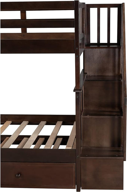 Bunk Bed with Stairs Storage, Twin Over Twin Size, Wooden Stairway Bunkbeds w/Trundle, for Kids Teens Bedroom, Detachable into Two Bedframe, Espresso - LeafyLoom