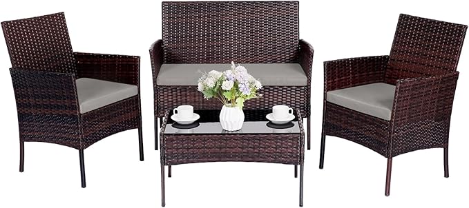 Patio Furniture Set,4 Piece Garden Conversation Set, Outdoor Wicker Rattan Table and Chairs, Black Patio Set, Sectional Sofa with Thick Cushion for Garden, Yard, or Porch (Brown/Grey)… - LeafyLoom