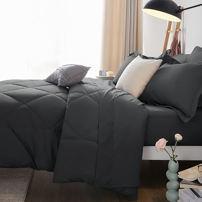 CozyLux Full Comforter Set with Sheets 7 Pieces Bed in a Bag Dark Grey All Season Bedding Sets with Comforter, Pillow Shams, Flat Sheet, Fitted Sheet and Pillowcases - LeafyLoom