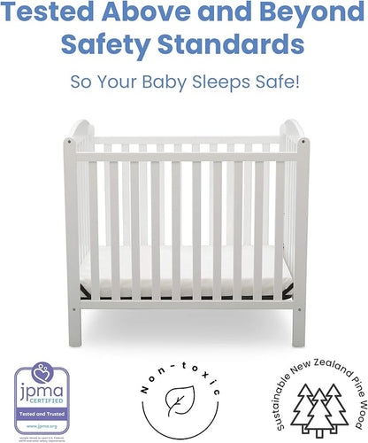 Delta Children Emery Mini Convertible Baby Crib with 2.75-inch Mattress, Bianca White & Serta SleepTrue Mini Crib Mattress, Premium Sustainably Sourced Fiber Core - LeafyLoom