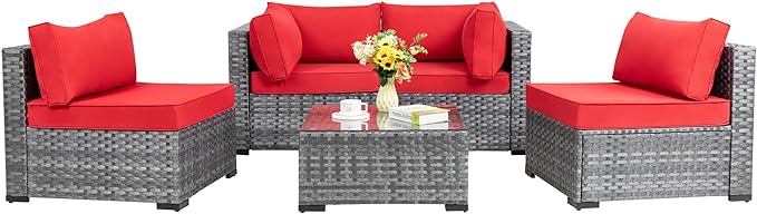 Shintenchi 5 Pieces Outdoor Patio Sectional Sofa Couch, Silver Gray PE Wicker Furniture Conversation Sets with Washable Cushions & Glass Coffee Table for Garden, Poolside, Backyard (Red) - LeafyLoom