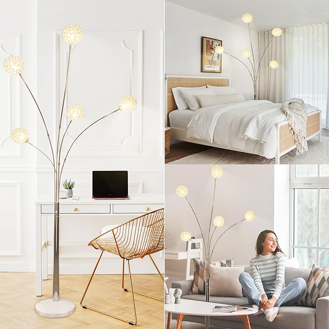 Depuley 5-Light Modern LED Floor Lamp, Adjustable Metal Tall Standing Lamps with Marble Base, Dimmable Arc Floor Lamp with Flexible Rotating Lights for Living Room, Bedroom(Silver, G9 Bulbs Included) - LeafyLoom