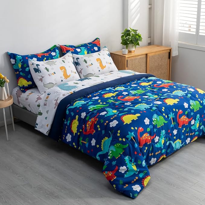 Wajade 7 Piece Kid Boys Dinosaur Comforter Set Full Size 3D Blue Dinosaur Wild Park Jungle Print Bedding Set with Comforter, Sheet Set, Pillowcase and Sham - LeafyLoom