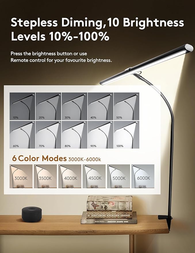 LED Desk Lamp with Remote, Auto Dimming 6 Color Modes Architect Clamp Desk Light for Home Office, 24W Ultra Bright Adjustable Gooseneck Table Lamp for Workbench, Monitor Reading - LeafyLoom