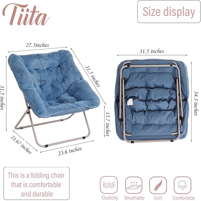 Tiita Comfy Saucer Chair, Soft Faux Fur Oversized Folding Accent Chair, Lounge Lazy Chair for Kids Teens Adults, Metal Frame Moon Chair for Bedroom, Living Room, Dorm Rooms, X-Large, Blue - LeafyLoom