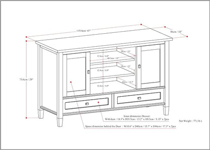 SIMPLIHOME Warm Shaker SOLID WOOD Universal TV Media Stand, 47 inch Wide, Transitional, Living Room Entertainment Center, Storage Cabinet, for Flat Screen TVs up to 55 inches in White - LeafyLoom