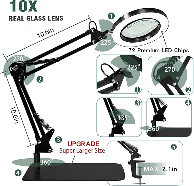 Magnifying Glass with Light and Stand, 10X Magnifying Lamp, 2-in-1 Magnifying Desk Lamp with Clamp, 3 Color Mode, Magnifying Glasses with Light for Close Work (Large Base ＆Clamp) - LeafyLoom