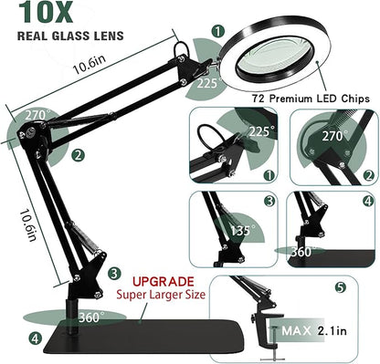 Magnifying Glass with Light and Stand, 10X Magnifying Lamp, 2-in-1 Magnifying Desk Lamp with Clamp, 3 Color Mode, Magnifying Glasses with Light for Close Work (Large Base ＆Clamp) - LeafyLoom