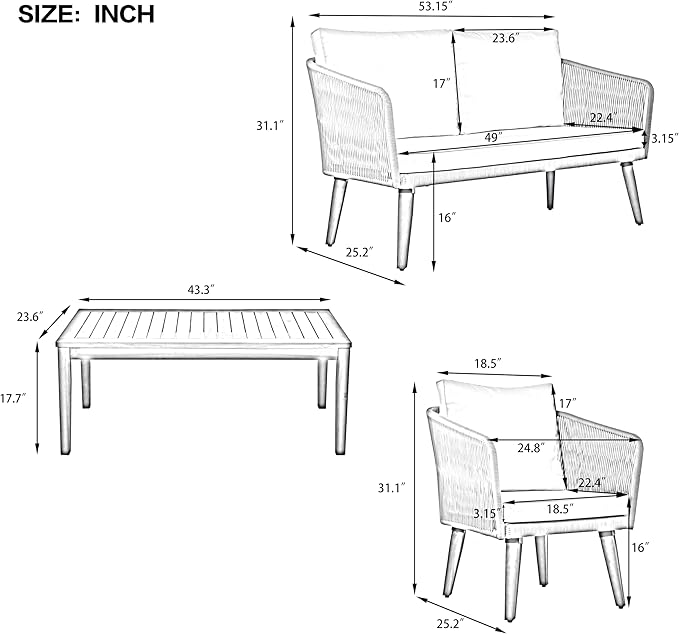 4-Piece, Outdoor Furniture with Loveseat, 2 Chairs and Table, Patio Conversation Set Deep Seating with Thick Backyard Porch Balcony, Zh-Dark Grey Cushion + Grey Rope - LeafyLoom