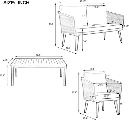 4-Piece, Outdoor Furniture with Loveseat, 2 Chairs and Table, Patio Conversation Set Deep Seating with Thick Backyard Porch Balcony, Zh-Dark Grey Cushion + Grey Rope - LeafyLoom