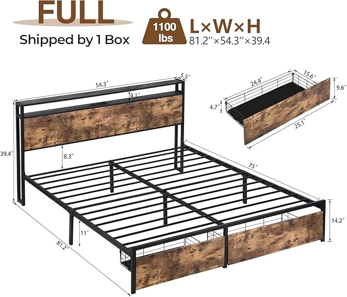 LED Full Bed Frame with 2 Storage Drawers & Headboard, Platform Metal Bed Frame with Charging Station, Noise-Free, No Box Spring Needed, Vintage Brown - LeafyLoom