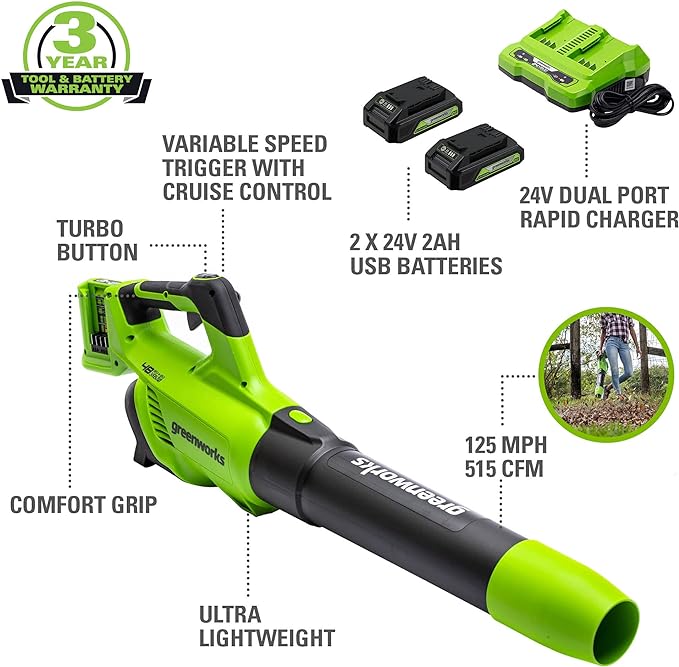 Greenworks 48V (2 x 24V) Cordless Axial Leaf Blower (125 MPH / 515 CFM / 125+ Compatible Tools), (2) 2.0Ah Batteries and Dual Port Charger Included - LeafyLoom