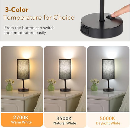 GGOYING Set of 2 Bedroom Table Lamp, Bedside Lamps with 3-Color Modes LED Bulbs, AC Outlet, Black Lampshade Nightstand Lamp for Living Room Nightstand Office - LeafyLoom