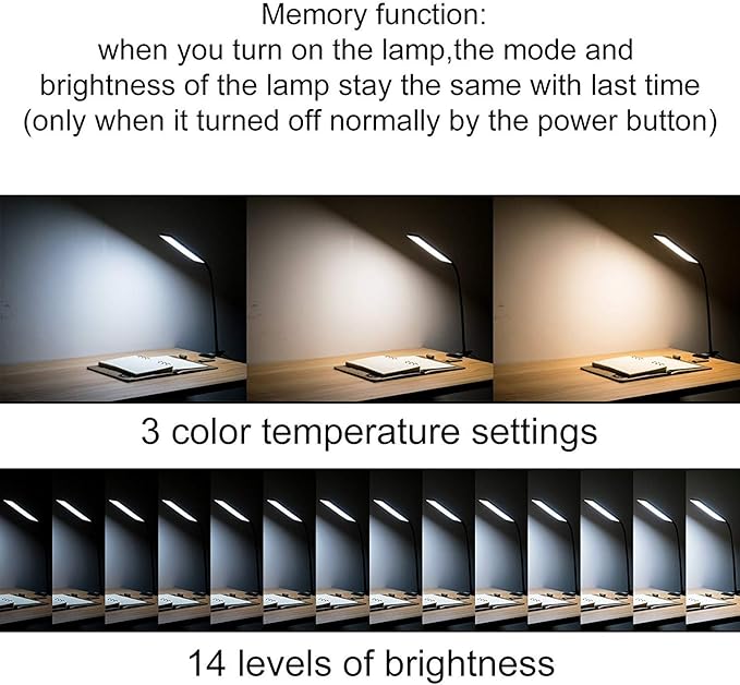 LED Desk Lamp Dimmable Eye-Care Reading Light Office Light Adjustable 3 Color Modes,14 Brightness Levels, Gooseneck Flexible Clip-on Light for Studying, 5W-Black - LeafyLoom