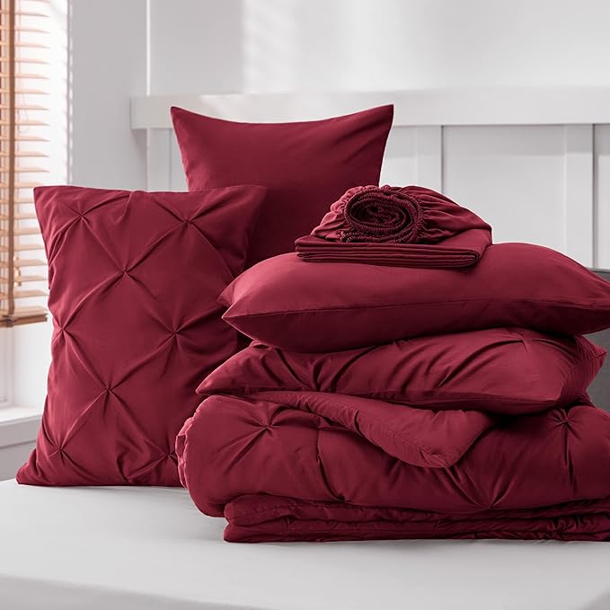 Bedsure Twin XL Comforter Set with Sheets - 5 Pieces Twin XL Bedding Sets for College, Pinch Pleat Burgundy Bed in a Bag with Comforter, Sheets, Pillowcase & Sham - LeafyLoom