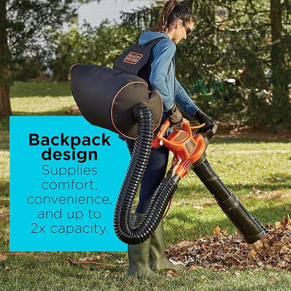 BLACK+DECKER Electric Leaf Blower, Leaf Vacuum and Mulcher 3 in 1, 250 mph Airflow, 400 cfm Delivery Power, Reusable Bag Included, Corded (BEBL7000) - LeafyLoom