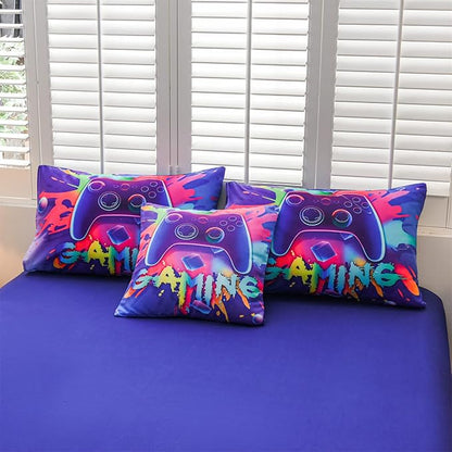 Aimuan Gaming Comforter Sets for Boys Kids Bedding Sets Video Games Console Action Buttons Novelty Colorful Game Gamepad Controller Modern Gamer Room Decor Home Quilt Set (Twin 6 Pcs,Purple) - LeafyLoom