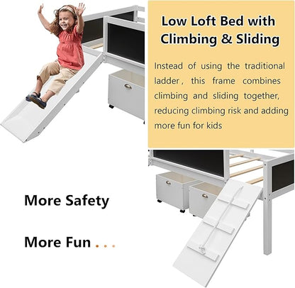 Bellemave Twin Size Wooden Low Loft Bed Frame with Two Storage Boxes,Kids Loft Bed with Slide and Climbing Frame for Boys & Girls,White - LeafyLoom