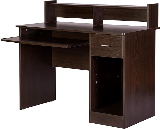 OneSpace Essential Computer Desk, Hutch with Pull-Out Keyboard, Espresso - LeafyLoom