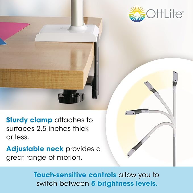 OttLite LED Desk Lamp with Sturdy Clamp - Extra Wide Lighting, Dimmable with 5 Brightness Settings & Energy Efficient Natural Daylight LEDs for Home Office, Computer Desk, Dorms & Workbench - LeafyLoom