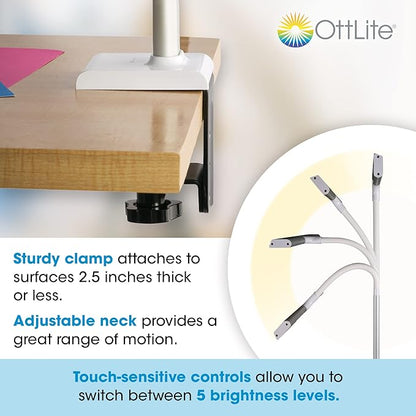 OttLite LED Desk Lamp with Sturdy Clamp - Extra Wide Lighting, Dimmable with 5 Brightness Settings & Energy Efficient Natural Daylight LEDs for Home Office, Computer Desk, Dorms & Workbench - LeafyLoom