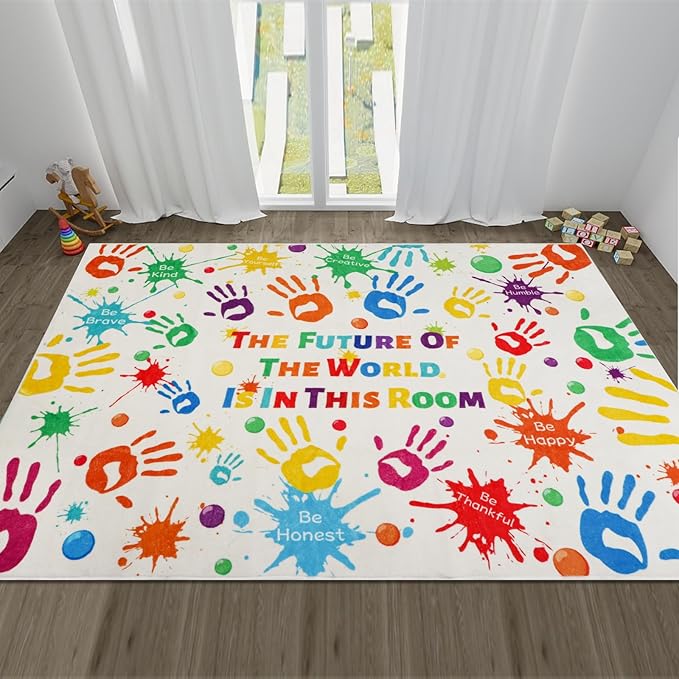 Colorful Kids Rug, Washable Rug for Kids, Handprints Area Rugs for Kids Bedroom, Non-Slip Play Mat Ultra Soft Thick Indoor Plush Rugs for Playroom Classroom Nursery Decor (59 X 39.4 INCH) - LeafyLoom