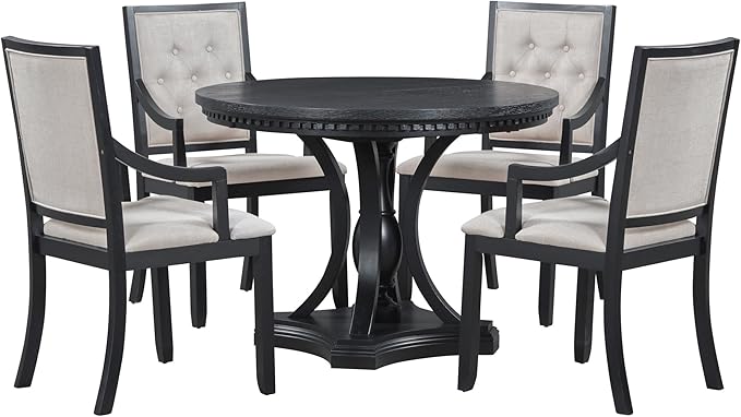 5-Piece Retro Elegant Extendable Round Dining Table Set with 4 Curved Armrest Upholstered Chairs for Kitchen, Breakfast Nook, Living Room, Oak, 42"-58" L x 42" W x 30" H, Black(Armchairs) - LeafyLoom