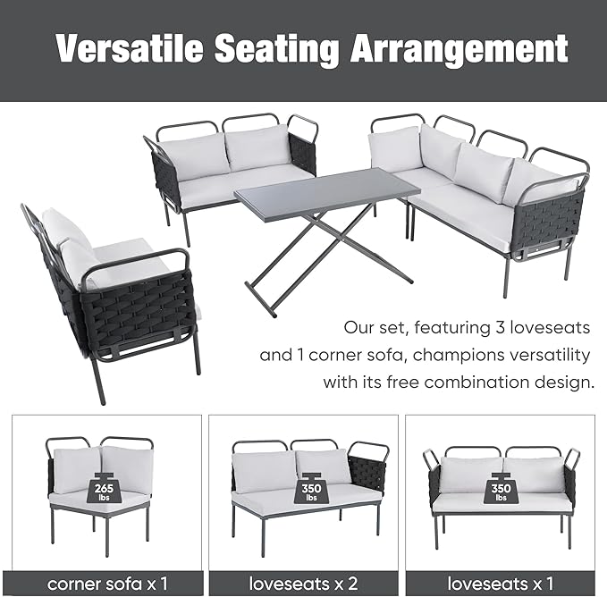 5-Piece Outdoor Patio Sectional L-shaped Sofa Set, Woven Rope Conversation Furniture with Loveseat, Corner Couch, Glass Coffee Table and Removable Cushions, Onesize, Black+Gray - LeafyLoom