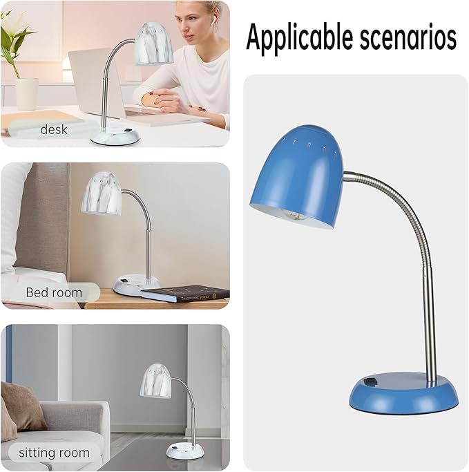 Eye-Caring Table Lamp of Simple Designs Home E26 Led Screw Basic Metal Desk Lamp with Flexible Gooseneck Hose Neck Study Lamp for Bedroom Office Living Room Convenient On/Off Switch (Light Blue) - LeafyLoom