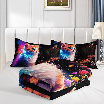 Cartoon Kawaii Cat Comforter Set Queen Size 3D Animals Flower Toddler Bedding Set Cat Lovers Animal Bubble Design Quilt Bed Set for Girls Kids Teens - LeafyLoom