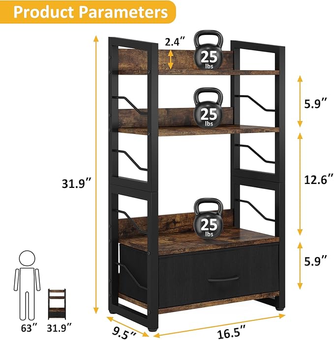 Small Bookshelf with Drawer: 4-Tier Wood Book shelf Industrial Narrow Bookcase Storage Organizer Metal Stackable shelves for Desktop Bedroom Living Room Home Office (Rustic Brown) - LeafyLoom