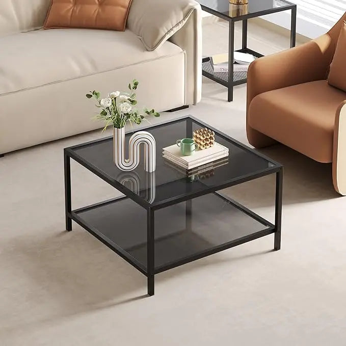 SAYGOER Modern Coffee Table Small Glass Coffee Table with Storage 2-Tier Simple Square Center Table for Living Room Home Office Sofa Table with Metal Frame 26.7 x 26.7 x 15.7 Inches, Gray Black - LeafyLoom