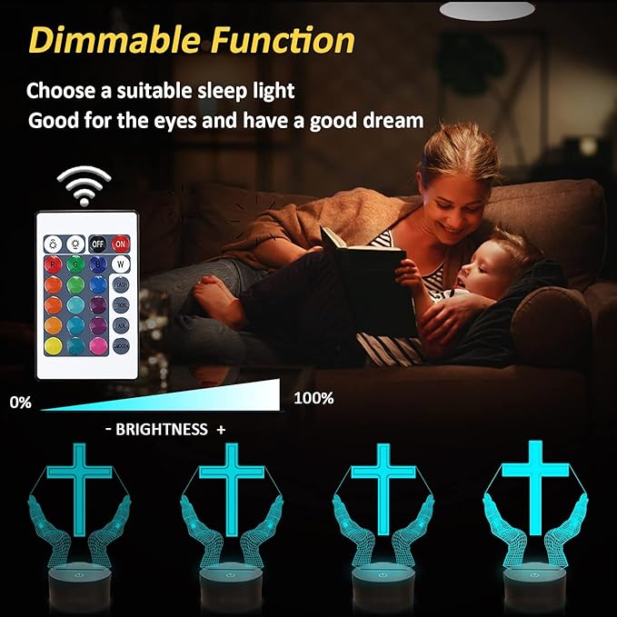 Jesus Cross 3D LED Night Light for Friends Xmas Easter Room Decor Gifts, Crucifix Optical Illusion Desk Table Lamp with Remote + 16 Color Flashing Change + Timer - LeafyLoom