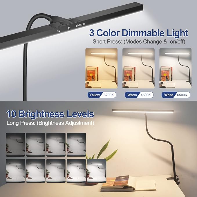 NEWACALOX Desk Lamps for Home Office, LED Desk Lamp with Touch Control and Night Light Function, Architect Task Lamp with 16-inch Long Lamp Head, 3 Modes 10 Brightness Gooseneck Desk Light - LeafyLoom