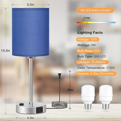 Blue Bedside Table Lamps for Bedroom Set of 2 - Touch Nightstand Lamp with USB-A+C Charging Ports & AC Outlet - 3 Way Dimmable Small Desk Lamp White for Office, Living Room, Reading - LeafyLoom