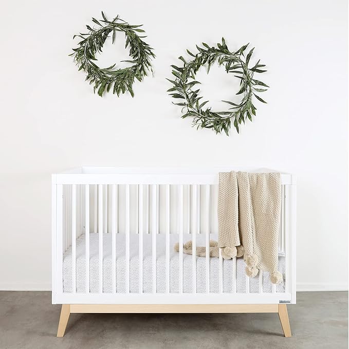 dadada Baby Soho 3-in-1 Convertible Crib – Made in Italy, GREENGUARD Gold, Adjustable Mattress Height, Solid Beechwood – Baby-Safe Finish, Modern Design 53.15 x 29.95 x 36.7 in (White + Natural) - LeafyLoom