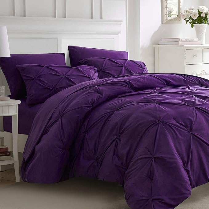 Ubauba 7pc Full Size Comforter Set with Sheets, Purple Pintuck 7 Pieces Bed in a Bag with Comforter, All Season Bedding Comforters & Sets (Purple,Full) - LeafyLoom