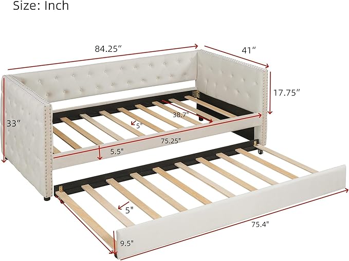 Twin Size Tufted Upholstered Daybed with Trundle, Solid Wood Velvet Bed with Rivet, Box-spring Needed, Space-Saving Design, for Living Room, Bedroom, Dorm, Beige-6 - LeafyLoom