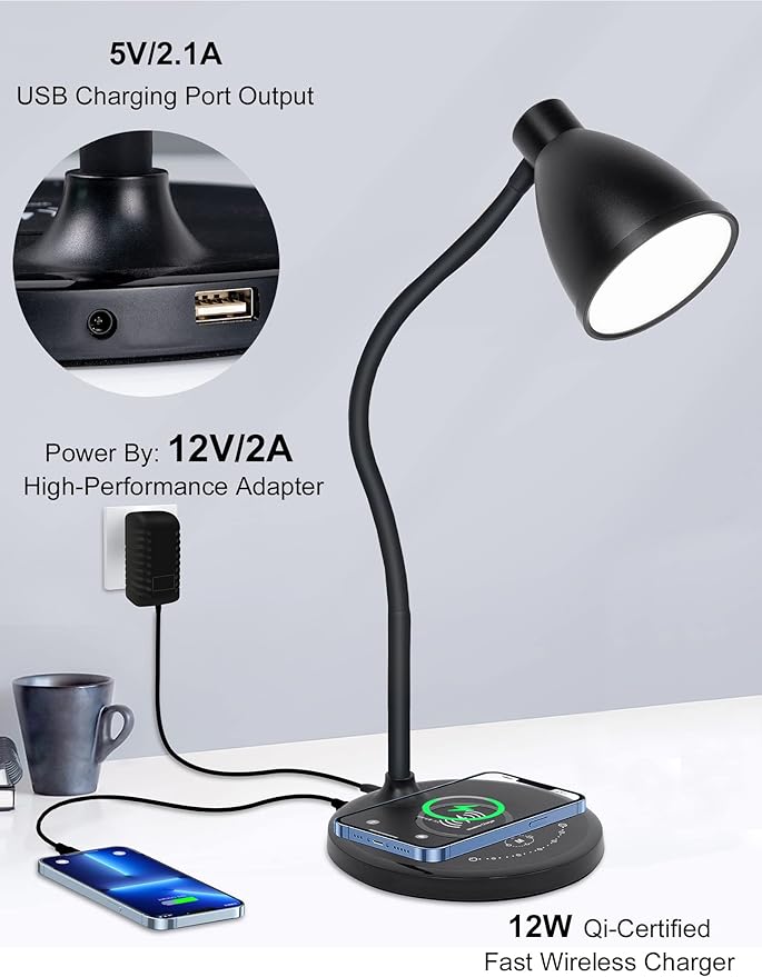 Desk Lamp with USB Charging Port Table Lamp Wireless Charger Dimmable Dorm Lamp 5 Colors 7 Brightness Levels Touch Bedside Table Lamps Gooseneck Reading Light for Home Office - LeafyLoom