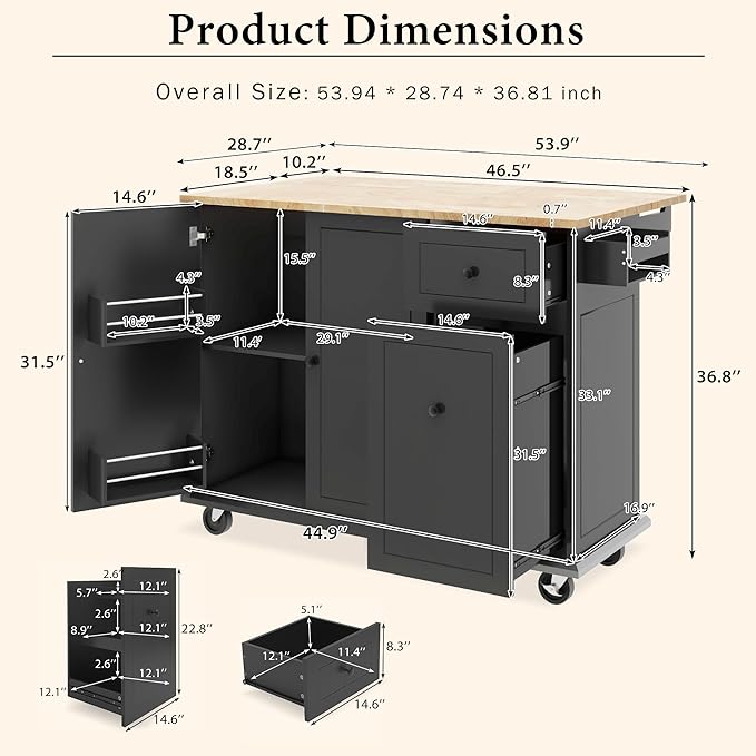 53.9" Drop Leaf, Rolling Island on Wheels w/Drawer and 3-Tier Pull Out Cabinet Organizer, Kitchen Storage Cart with Spice, Towel Rack, Black, 53.94 Inch - LeafyLoom