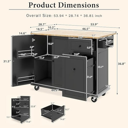 53.9" Drop Leaf, Rolling Island on Wheels w/Drawer and 3-Tier Pull Out Cabinet Organizer, Kitchen Storage Cart with Spice, Towel Rack, Black, 53.94 Inch - LeafyLoom