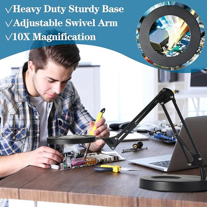 10X Magnifying Glass with Light, HITTI 1,800 Lumens Stepless Dimmable, 3 Color Modes, 4.2″ Real Glass Lens LED Desk Lamp & Clamp, Magnifier Light and Stand for Crafts Welding Close Work - LeafyLoom