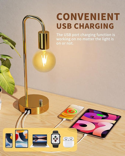 Industrial Table Lamp with 2 USB Port, Stepless Dimmable Nightstand Bedside Lamps for Bedroom,Desk Lamps with 2700K Gold Gradient Bulb for Reading Living Room - LeafyLoom