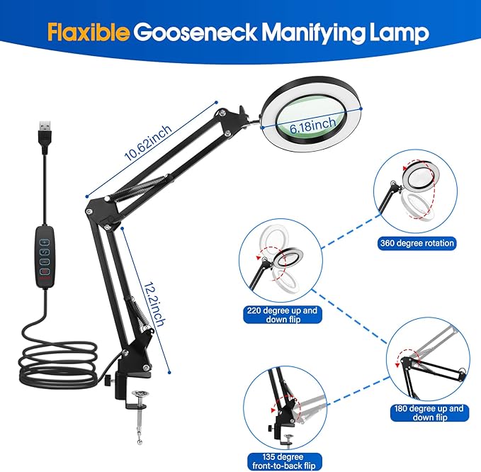 64 LED USB 10X Magnifying Desk Lamp with Clamp, Desk Hands-free Lighted Magnifier with 3 Color Modes, 10 Level Dimmable and Flexible Gooseneck for Reading Craft Sewing Repair Close Work Beauty - LeafyLoom