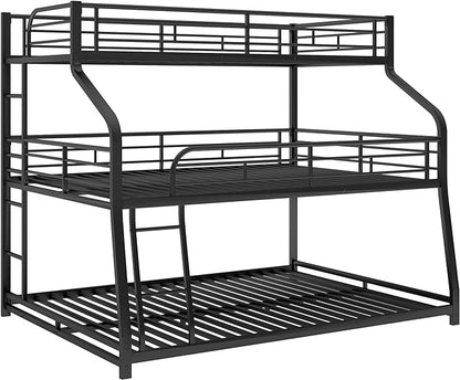 Twin XL/Full XL/Queen Triple Bunk Bed with Long and Short Ladder and Full-Length Guardrails,Metal Bed-Frame for Bedroom/Living Room/Apartment,Guest-Room,Black - LeafyLoom