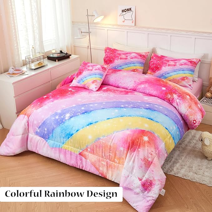 Rainbow Twin Size Comforter Set for Girls 6 Pieces Sparkle Tie Dye Pink Girls Bedding Comforter Sets Galaxy Kids Bed Comforter Sets Gradient Glitter Soft Bed in A Bag with Sheets - LeafyLoom