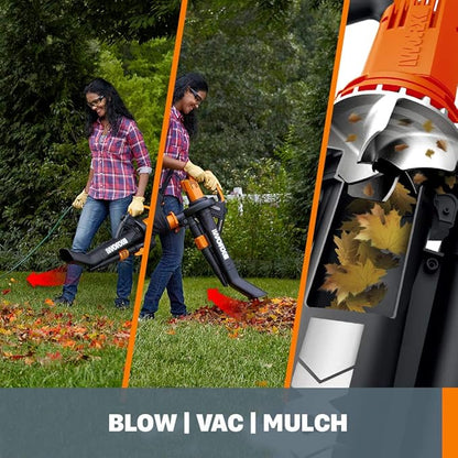 WORX WG509 TRIVAC 12 Amp 3-in-1 Electric Leaf Blower/Leaf Vacuum/Mulcher, Metal Impeller for Fine Mulching - LeafyLoom