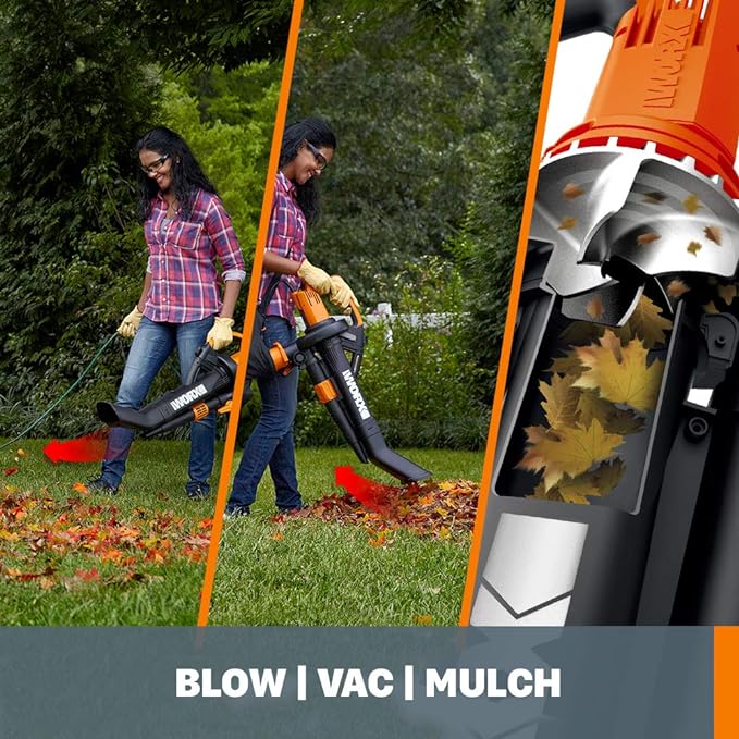 WORX WG509 12 Amp TRIVAC 3-in-1 Electric Leaf Blower with All Metal Mulching System & WG163 GT 3.0 20V PowerShare 12" Cordless String Trimmer & Edger (2 Batteries & Charger Included) - LeafyLoom